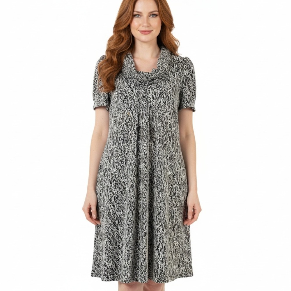 Calvin Klein Cowl Neck Sweater Dress Women's 10 Black White Puff Sleeve Knitwear